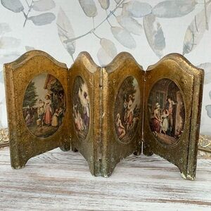 #12 Rare Vtg Italian Florentine French Portrait Plaque Mini Wood Dressing Screen